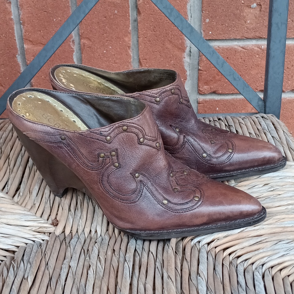 ! BCBGirls Brown Leather Studded Western Style Wedge Mules